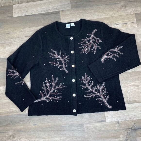 Frost Hand Knit Iced Tree Branches Beaded Wool Cardigan Sweater Black Large - Picture 11 of 11